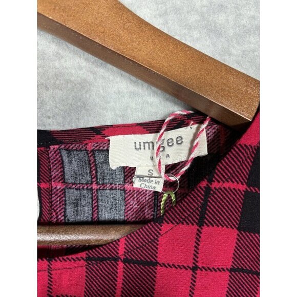 Umgee Womens Blouse Sz S Red Plaid Embroidered Floral Boho Cabin Long Sleeve - Picture 3 of 6